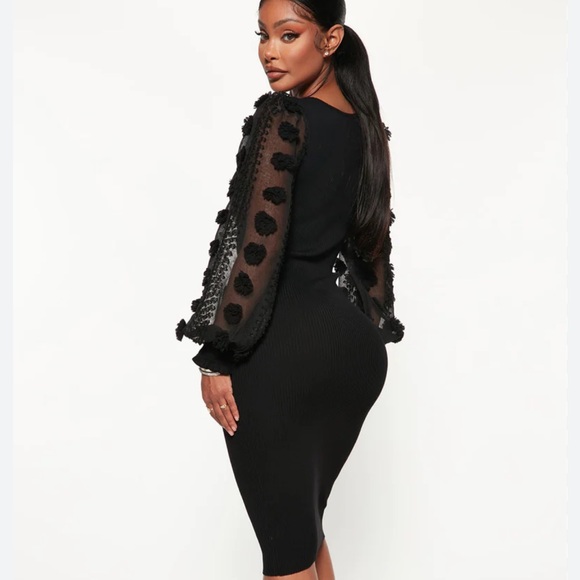 VGUC Women’s Midi Ribbed Sheer Balloon Sleeve Black Dress Size L Large - Picture 1 of 16